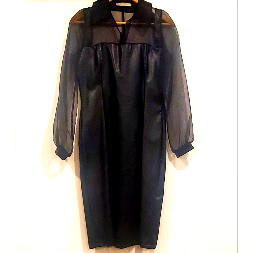 RINASCIMENTO Designer Cocktail Dress Black Faux Leather Sheer Sleeves & Upper
